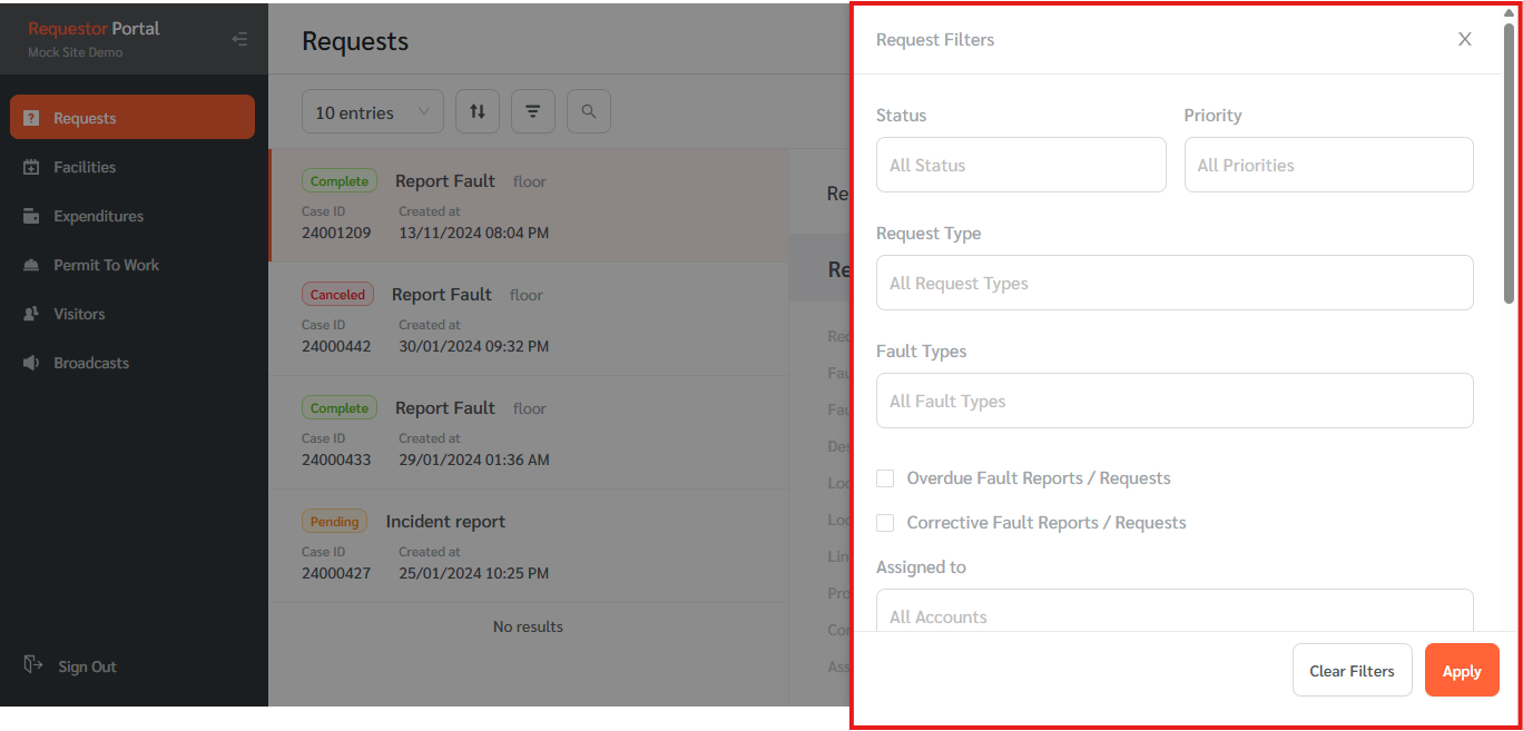Request Filtering Feature Filtering Requests in the Requestor Web Portal - FacilityBot ...