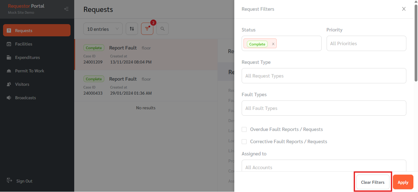 Filtering Requests in the Requestor Web Portal - FacilityBot ...