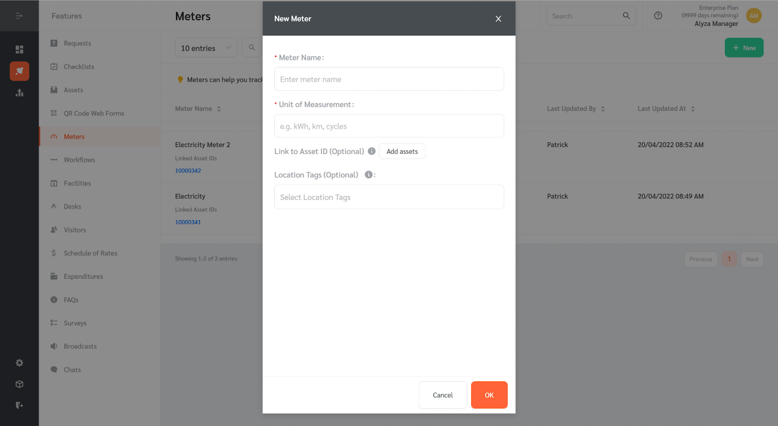 Meters Feature - FacilityBot - Facilities Management Software