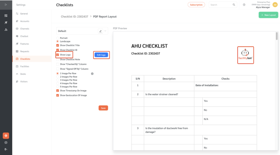 Checklist PDF Layout Editor - FacilityBot - Facilities Management Software