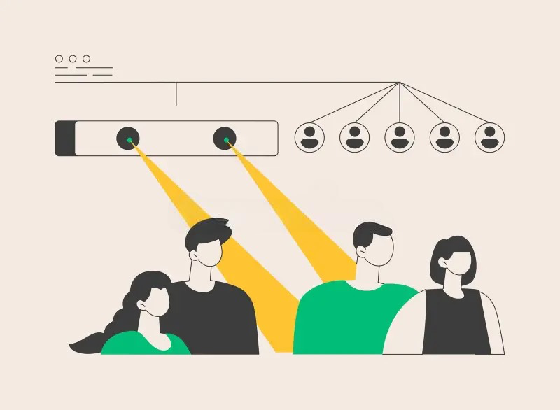 Abstract vector illustration of a people counter system concept. The design highlights a technology that records visitor traffic, with symbols representing sensors and data flow. The image suggests retail traffic reporting and counting solutions through modern people counter sensors.