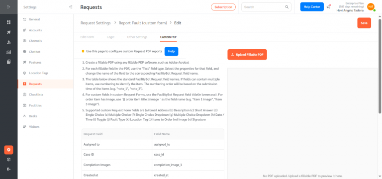 Requests : Custom PDF Output - FacilityBot - Facilities Management Software