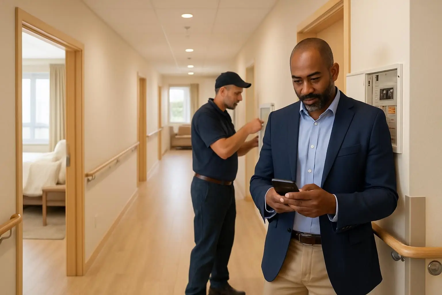 Facilities manager and technician maintaining a modern residential healthcare facility corridor