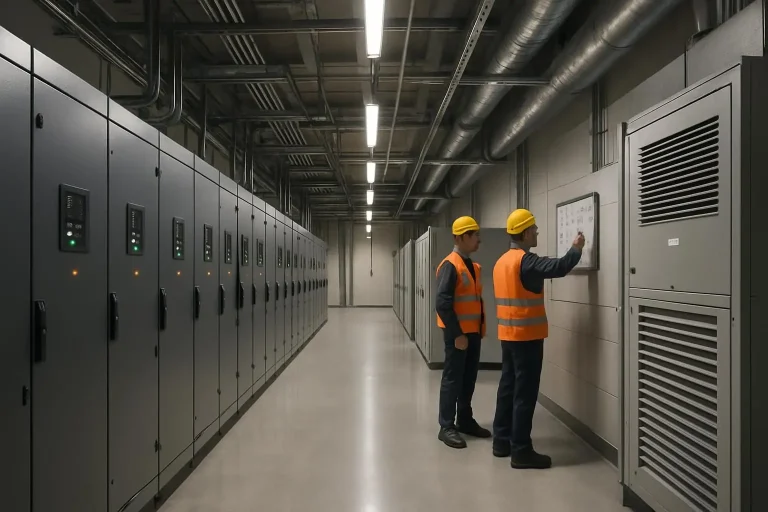 Data-centre facility technicians inspecting critical power and cooling equipment beside a maintenance monitoring display