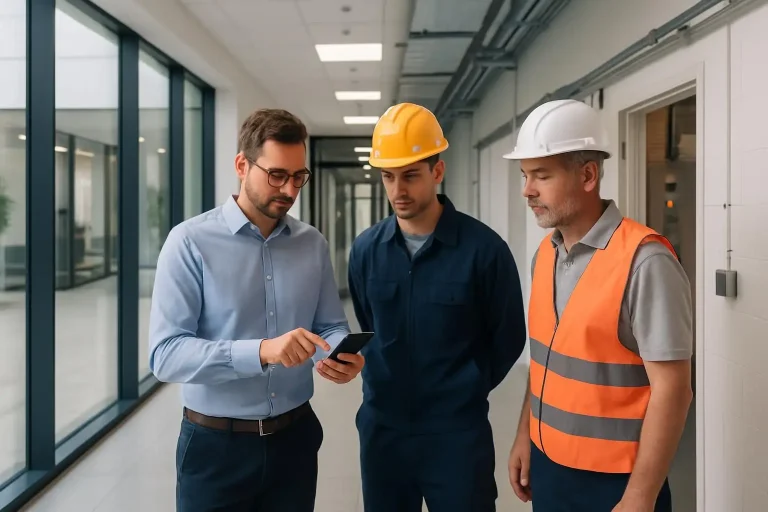 Facilities manager and contractor reviewing a digital permit-to-work workflow on a smartphone in a commercial office building
