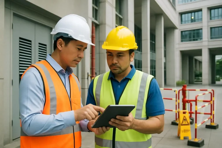 Safety officer and contractor reviewing a digital permit-to-work checklist at a public facility