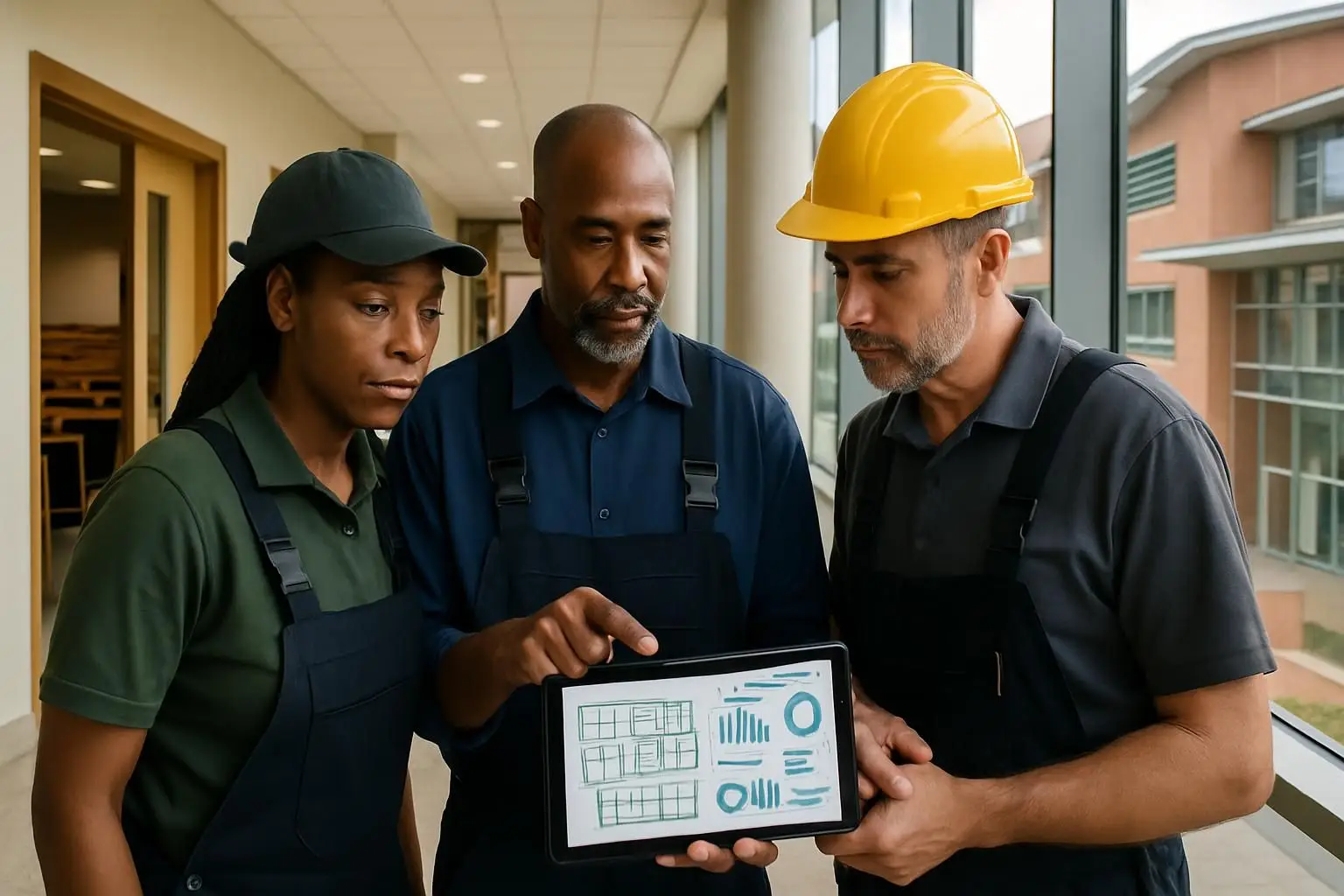 University facilities team reviewing campus space and maintenance information on a tablet