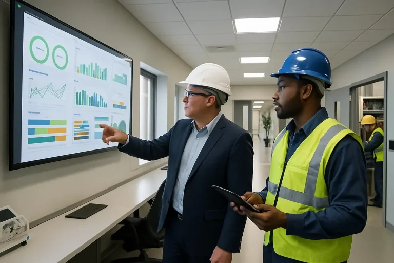 Facilities team reviewing building asset and maintenance information in an operations control room