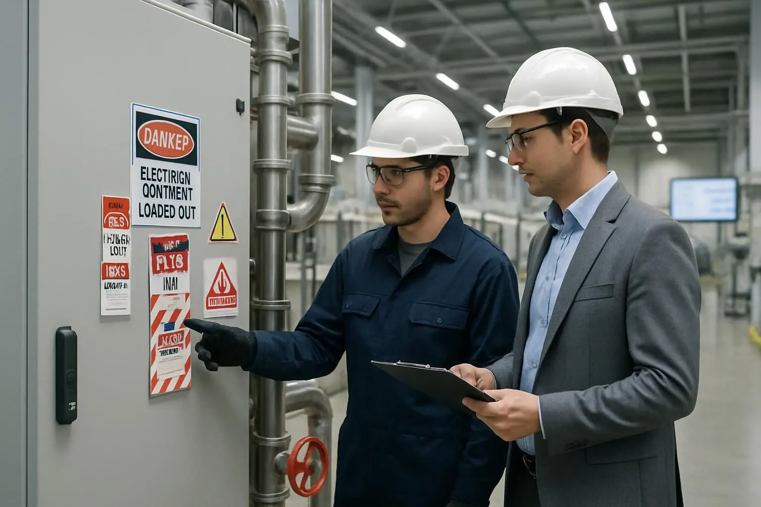 Industrial maintenance technician and supervisor verifying safety controls beside plant equipment before authorised work begins