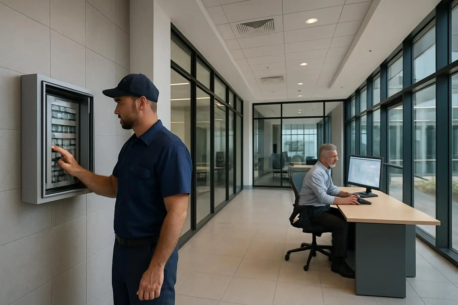 Facilities technician and manager coordinating maintenance in a modern commercial office building