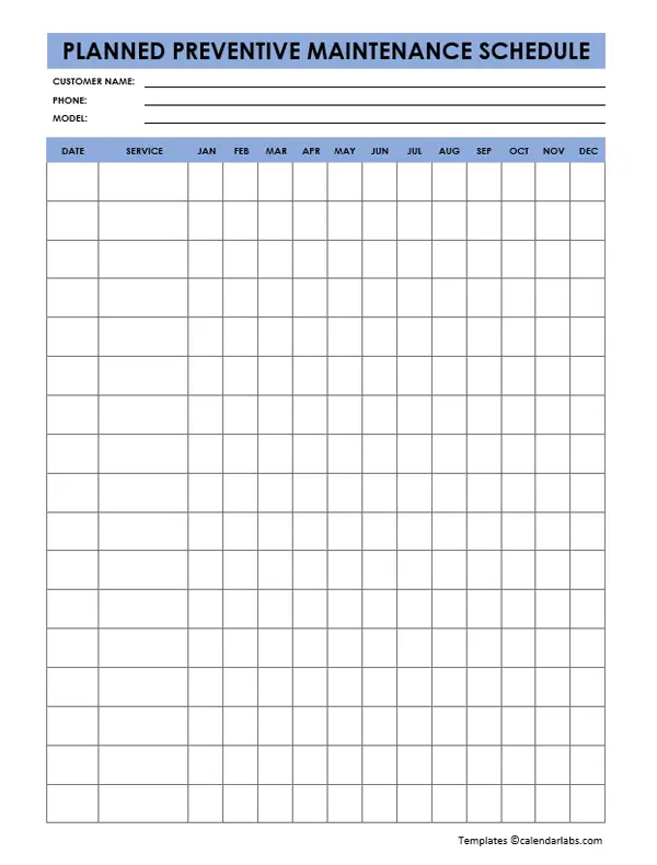 Preventive Maintenance Schedule Templates