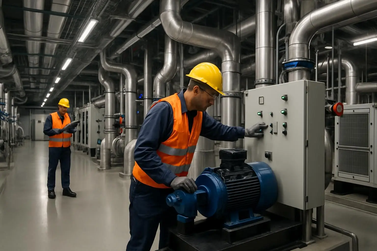 Technicians performing controlled maintenance in a data-centre mechanical plant room