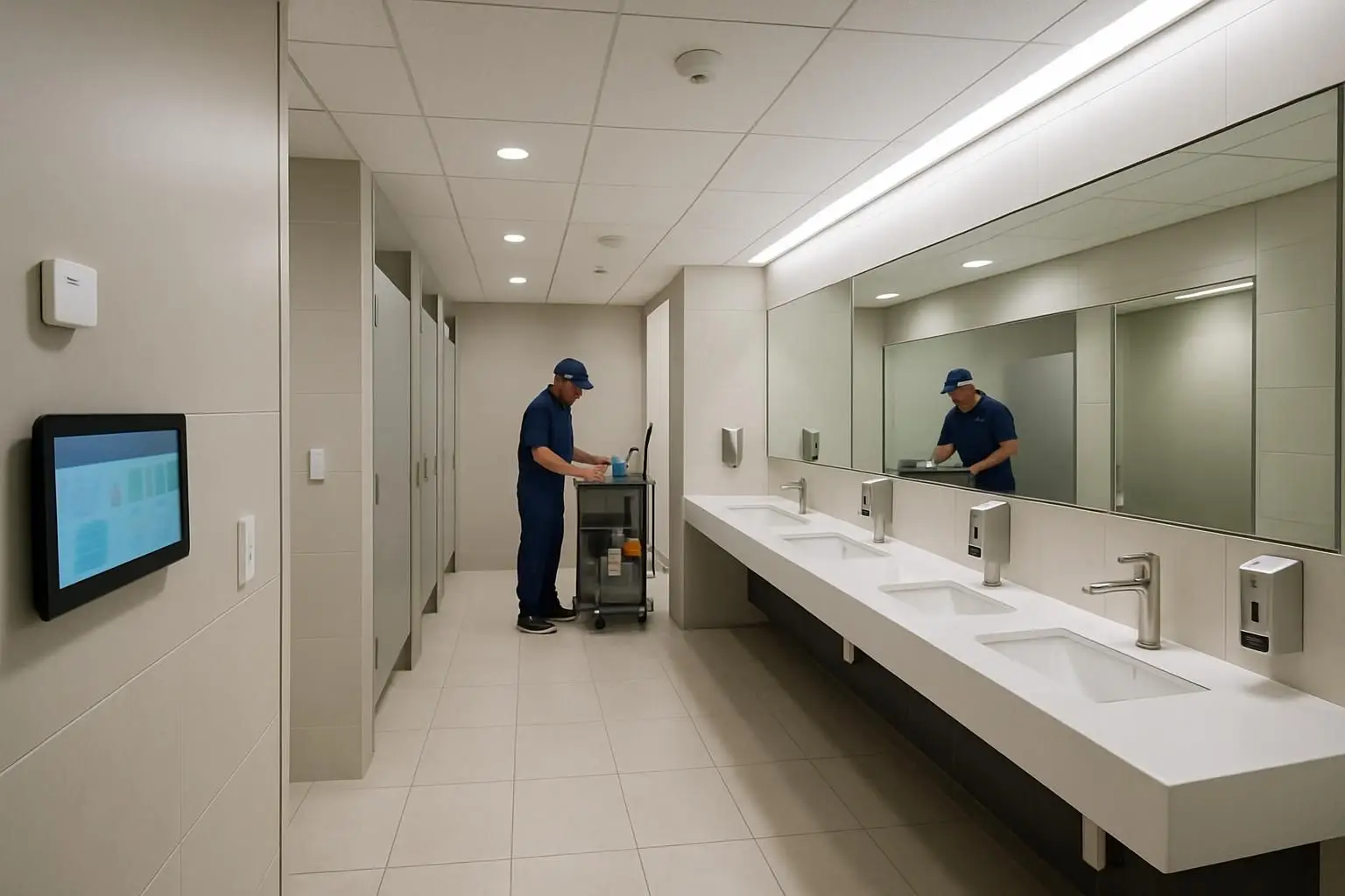 Facilities technician servicing a modern restroom equipped with discreet occupancy, air-quality and consumables sensors