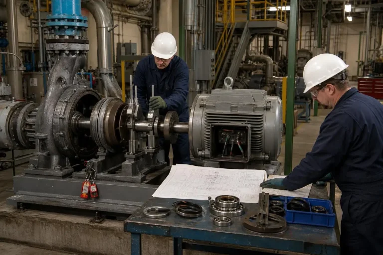 Maintenance technicians inspecting a pump and motor during a planned industrial equipment overhaul
