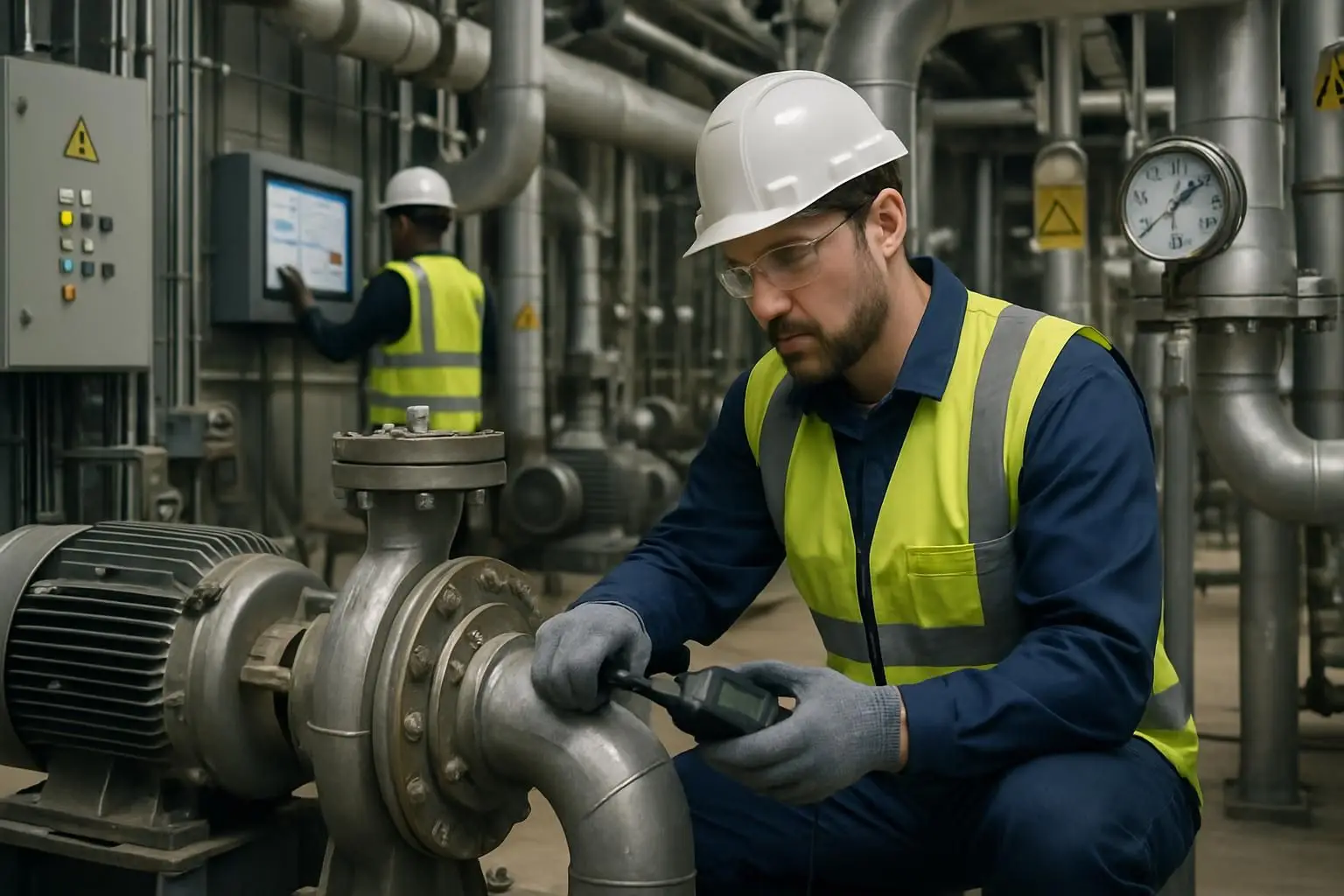 Maintenance technicians inspecting an industrial pump system as part of a failure mode and effects analysis programme