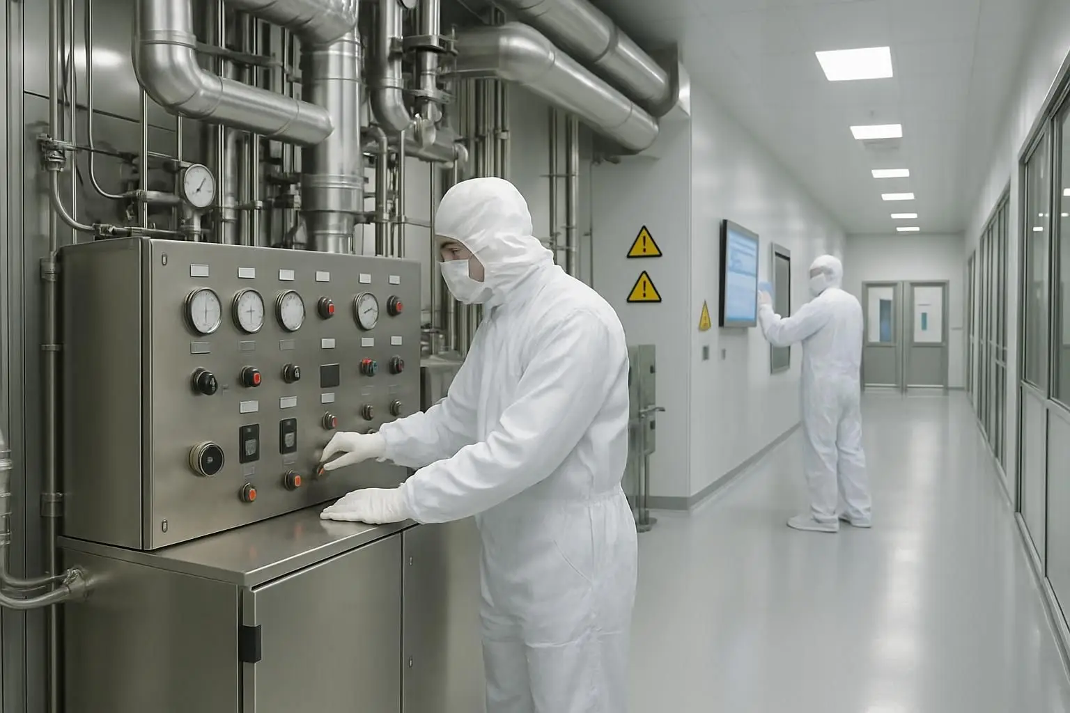 Technician inspecting utility controls in a clean manufacturing facility for GMP compliance.