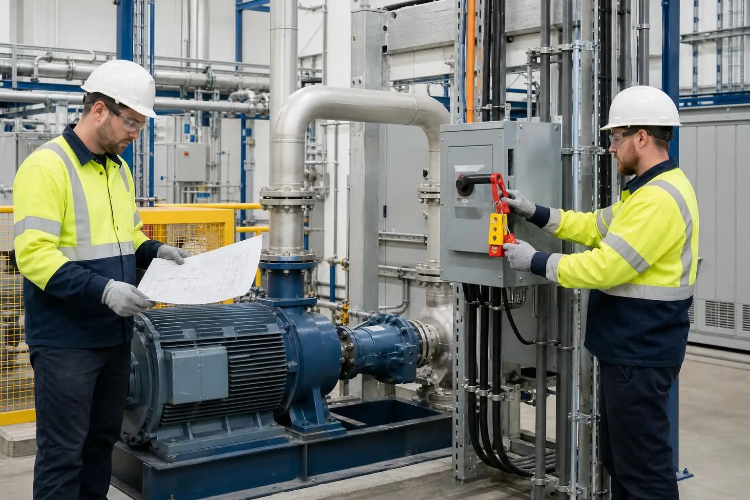 Maintenance technicians reviewing equipment changes and isolation controls in an industrial plant room