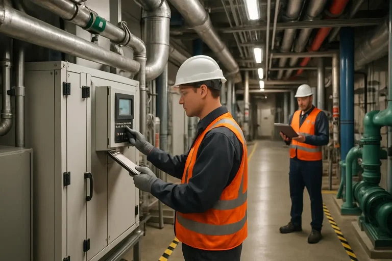 Facilities technician inspecting an air handling unit in a mechanical room using a standard operating procedure checklist