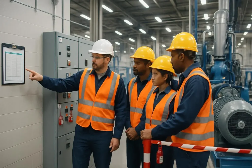 Maintenance technicians conducting a safety toolbox meeting beside industrial equipment before starting work