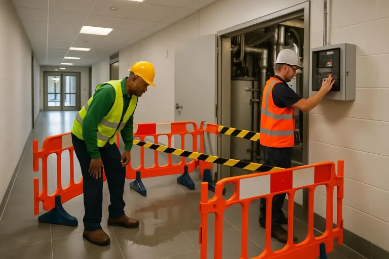 Facilities safety staff inspecting and controlling a hazard in a government building service area